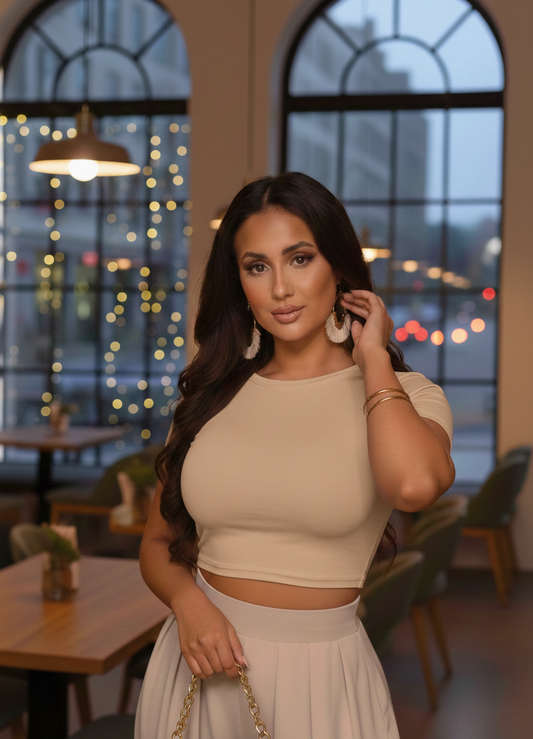 Beige Lycra Core Tee | Premium Stretch Top for Women