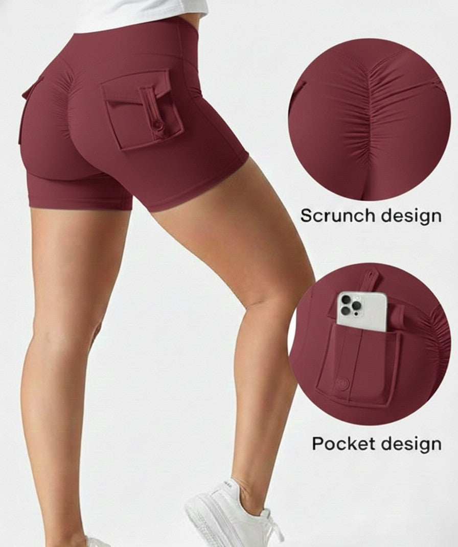 Wine High-Waist Sculpt Active Shorts with Pockets