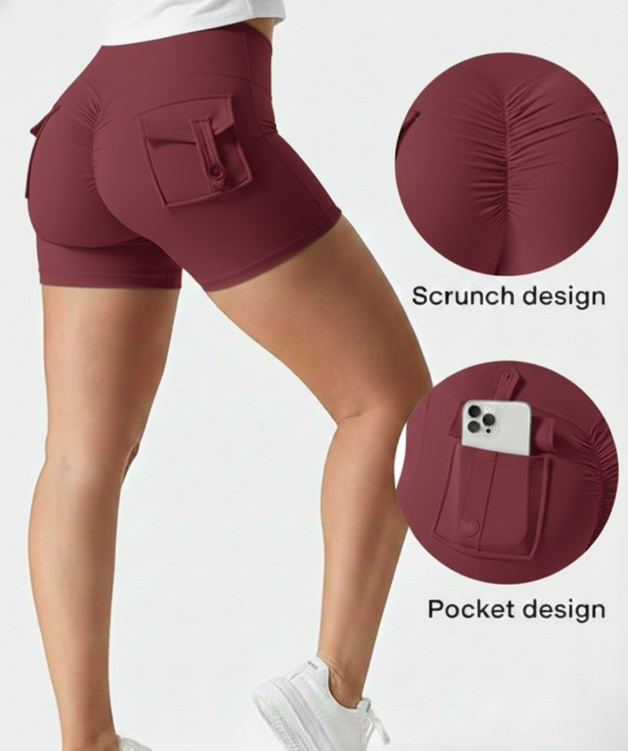 Combo Pack of (Black & Wine) – High Waist Scrunch Butt Activewear Shorts with Pockets