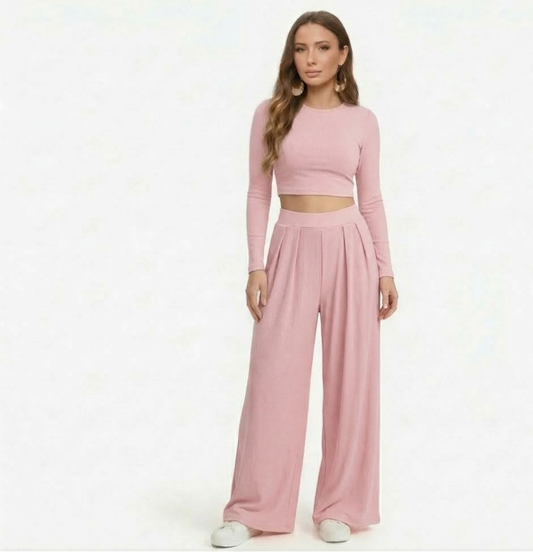 Baby pink full sleeves Lycra Cord Set | Top & Pleated Salwar-Style Bottoms