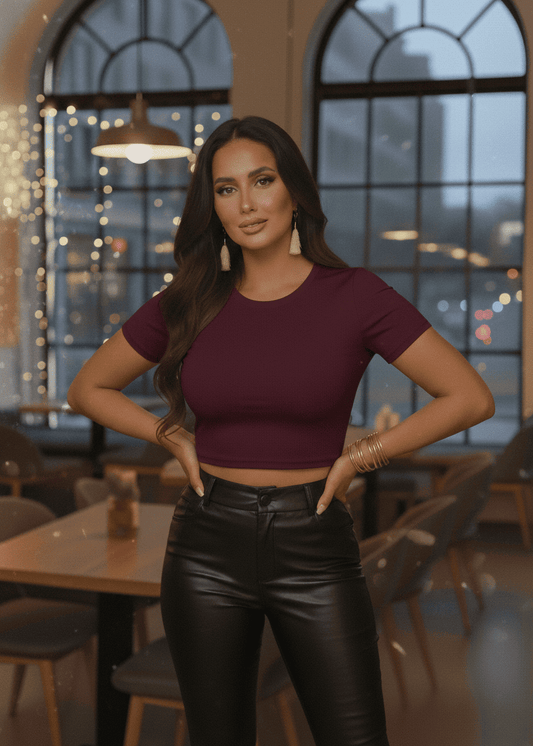 Wine Lycra Core Tee | Premium Stretch Top for Women