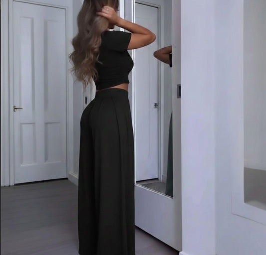 Black Lycra Cord Set | Top & Pleated Salwar-Style Bottoms