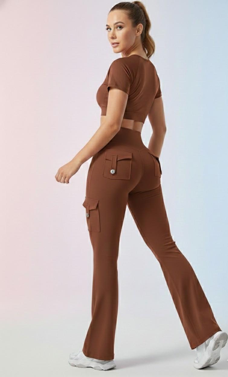 Olive green Active Cord Set | Crop Top & Flare Jogger Leggings with Pockets