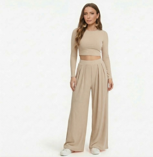 Beige full sleeves Lycra Cord Set | Top & Pleated Salwar-Style Bottoms