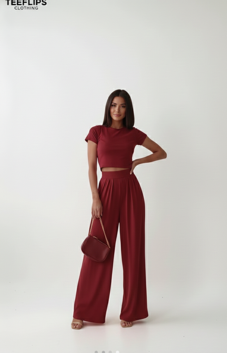 Wine Lycra Cord Set | Top & Pleated Salwar-Style Bottoms