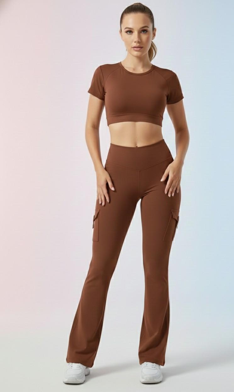 Olive green Active Cord Set | Crop Top & Flare Jogger Leggings with Pockets