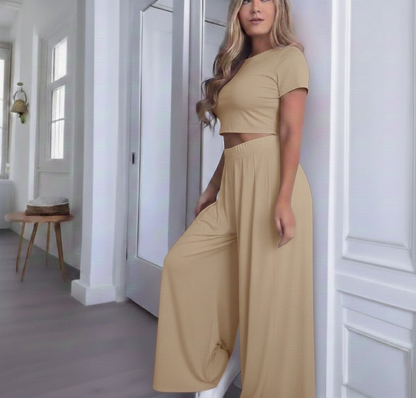 Beige Lycra Cord Set | Top & Pleated Salwar-Style Bottoms