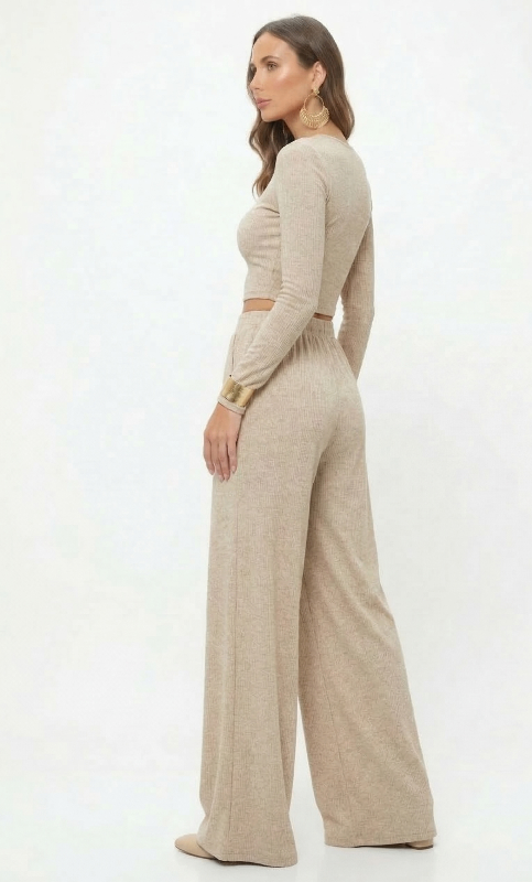 Beige full sleeves Lycra Cord Set | Top & Pleated Salwar-Style Bottoms