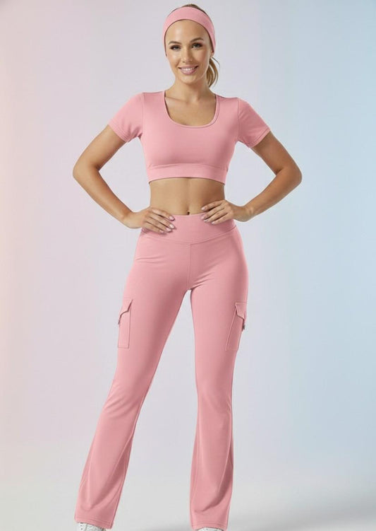 Rose gold Cord Set | Crop Top & Flare Jogger Leggings with Pockets