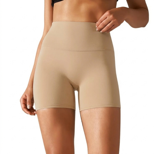 Beige High Waist Seamless Shorts – Stretchable Gym & Activewear Shorts