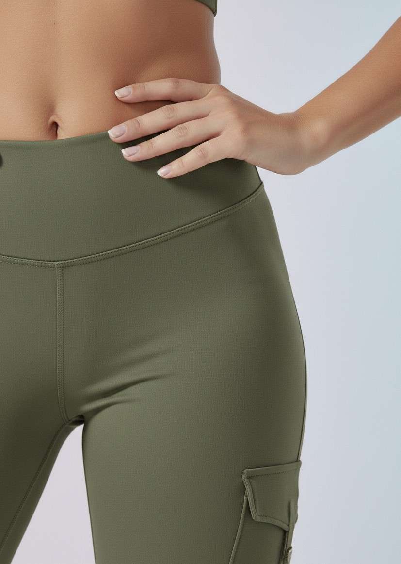 Beige Active Cord Set | Crop Top & Flare Jogger Leggings with Pockets