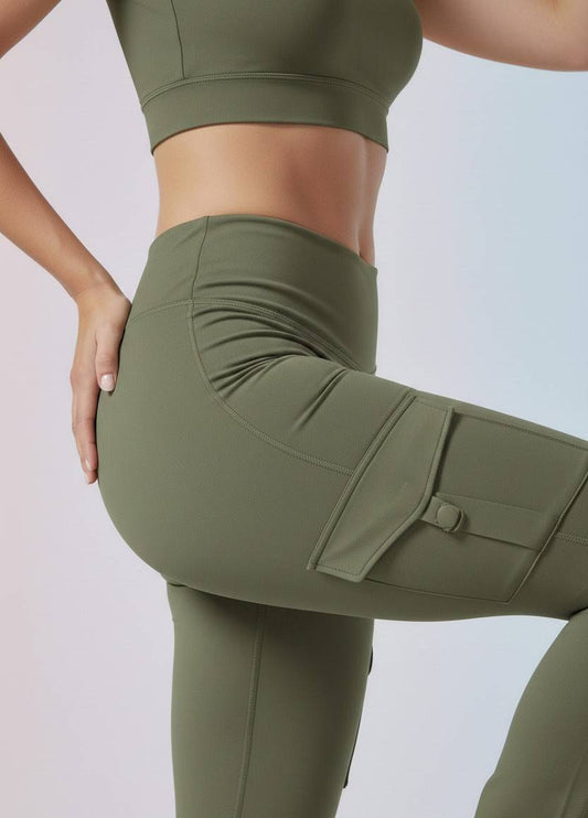 Olive green Cord Set | Crop Top & Flare Jogger Leggings with Pockets