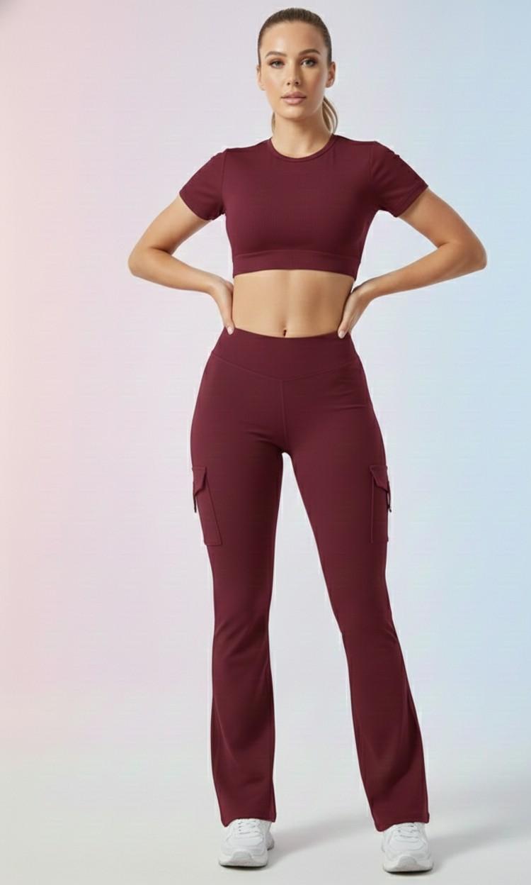 Wine Active Cord Set | Crop Top & Flare Jogger Leggings with Pockets
