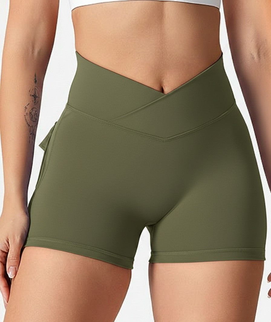 Olive green High-Waist Sculpt Active Shorts with Pockets