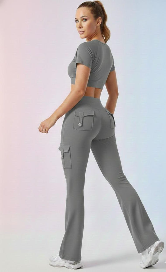 Grey Cord Set | Crop Top & Flare Jogger Leggings with Pockets
