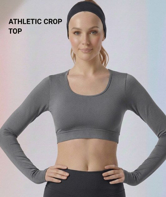 Grey Full Sleeve Athletic Crop Top | Performance Fit Activewear