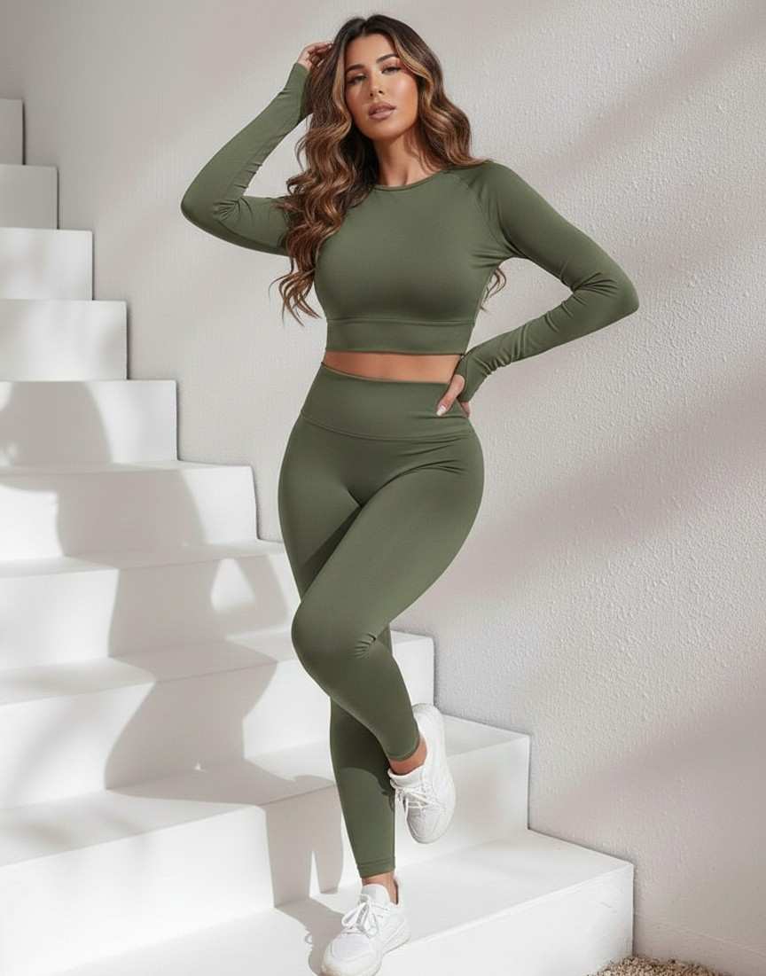 Lavender Activewear Cord Set | Long-Sleeve Crop Top & High-Waist Leggings