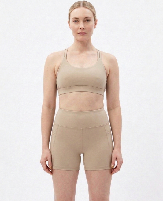 Beige High Waist Active Shorts with Pocket – Stretchable Gym & Workout Shorts