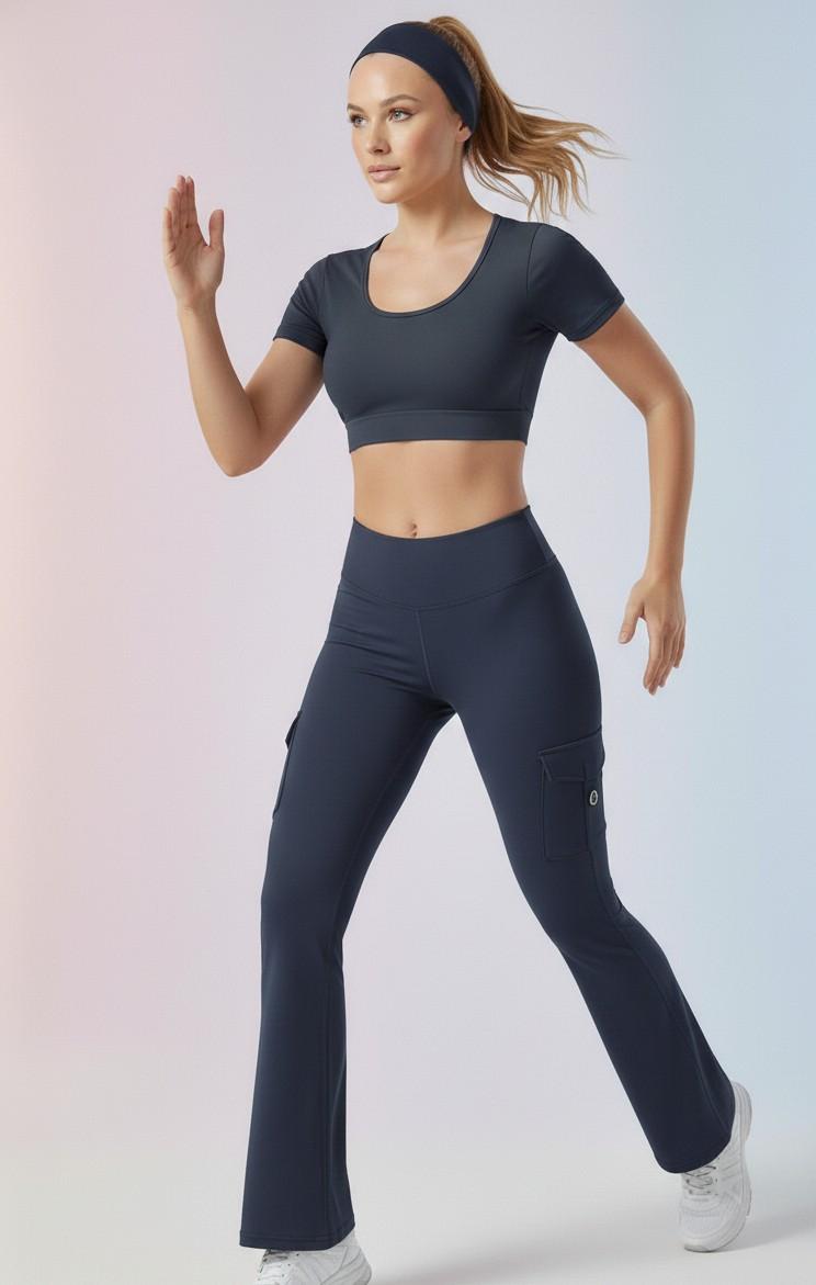 Olive green Active Cord Set | Crop Top & Flare Jogger Leggings with Pockets