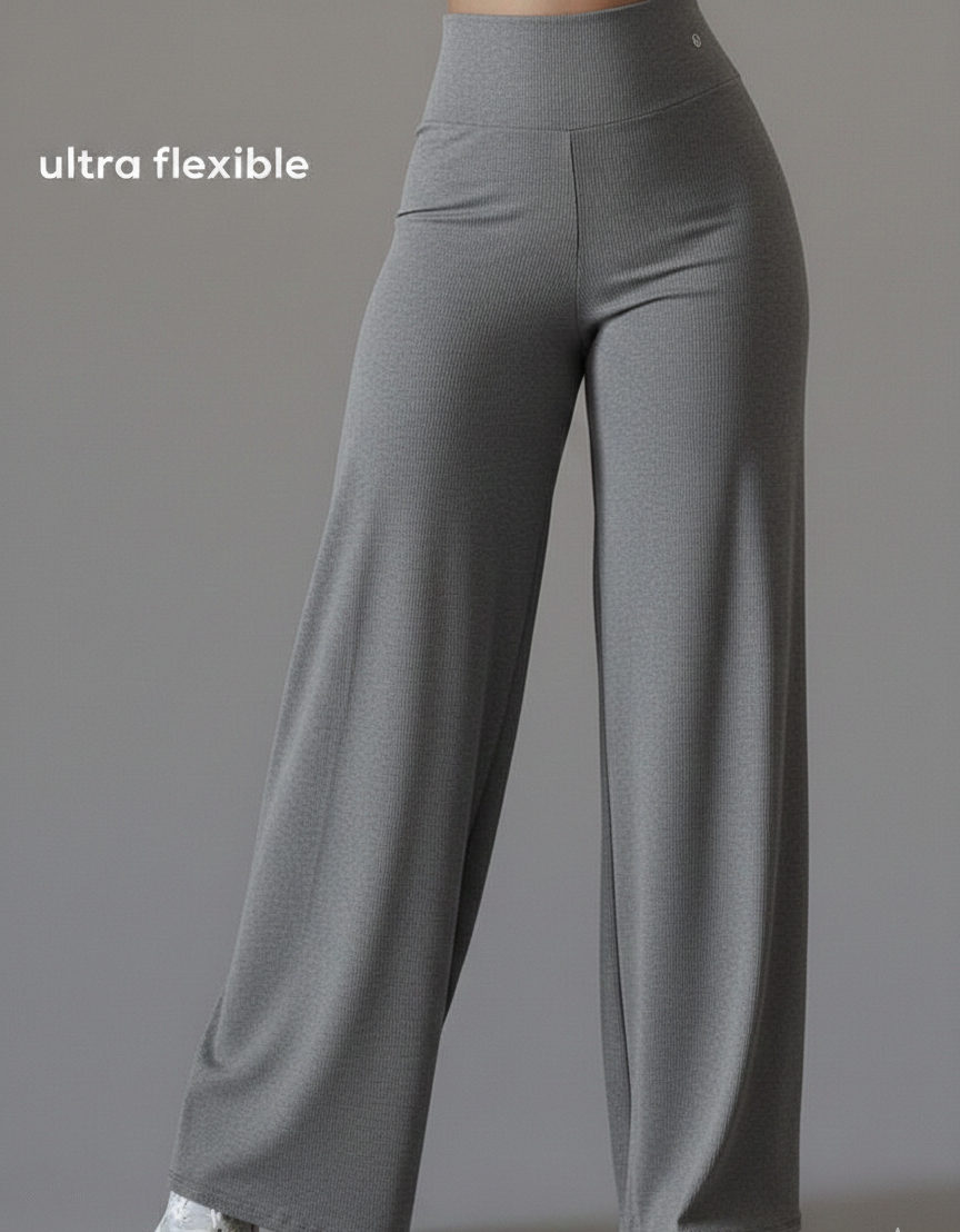 Gray wide-leg pants with 'ultra flexible' text on a gray background