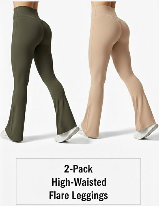 Two pairs of high-waisted flare leggings, one green and one beige, on a white background.