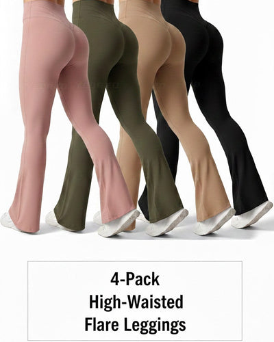 4-Pack High-Waisted Flare Leggings (Rose gold, Olive,Black,Beige)