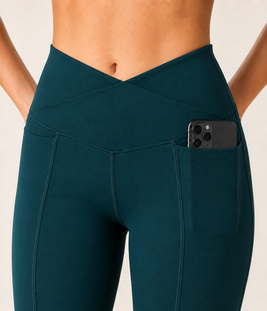 Teal Women's Cross-Waist High Rise Pocket Leggings | Buttery Soft Yoga Pants