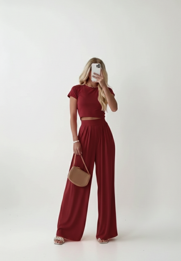 Wine Lycra Cord Set | Top & Pleated Salwar-Style Bottoms