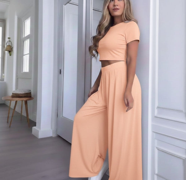 Peach Lycra Cord Set | Top & Pleated Salwar-Style Bottoms