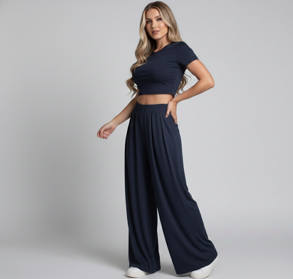 Navy blue Lycra Cord Set | Top & Pleated Salwar-Style Bottoms