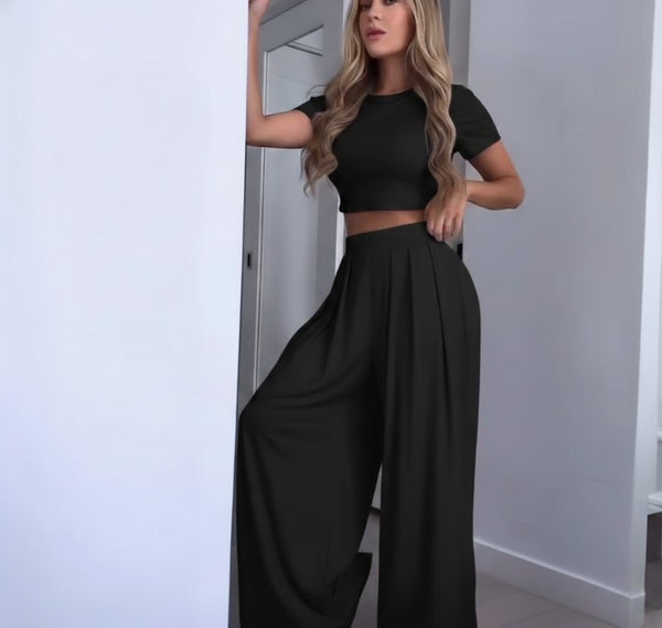 Black Lycra Cord Set | Top & Pleated Salwar-Style Bottoms