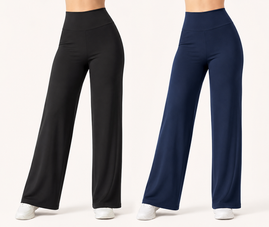 Pack of 2 Ultra-Flexible High-Waist Wide Leg Pants for Women ( BLACK & NAVY)