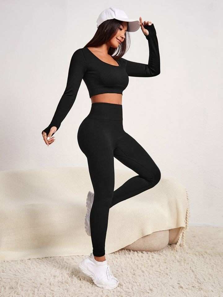 Black Activewear Cord Set | Long-Sleeve Crop Top & High-Waist Leggings