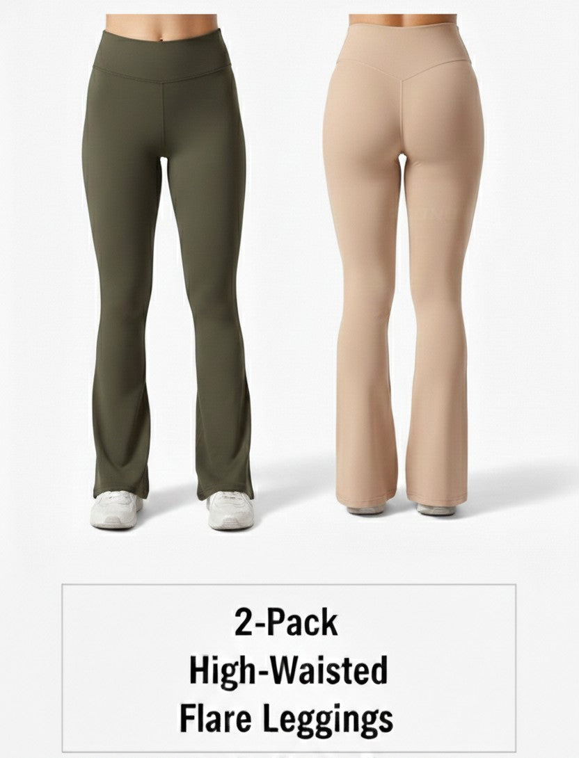 Two pairs of high-waisted flare leggings, one green and one beige, on a white background.