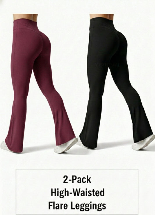 Two pairs of high-waisted flare leggings, one maroon and one black, on a white background.
