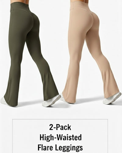 2-Pack High-Waisted Flare Leggings (Olive & Beige )