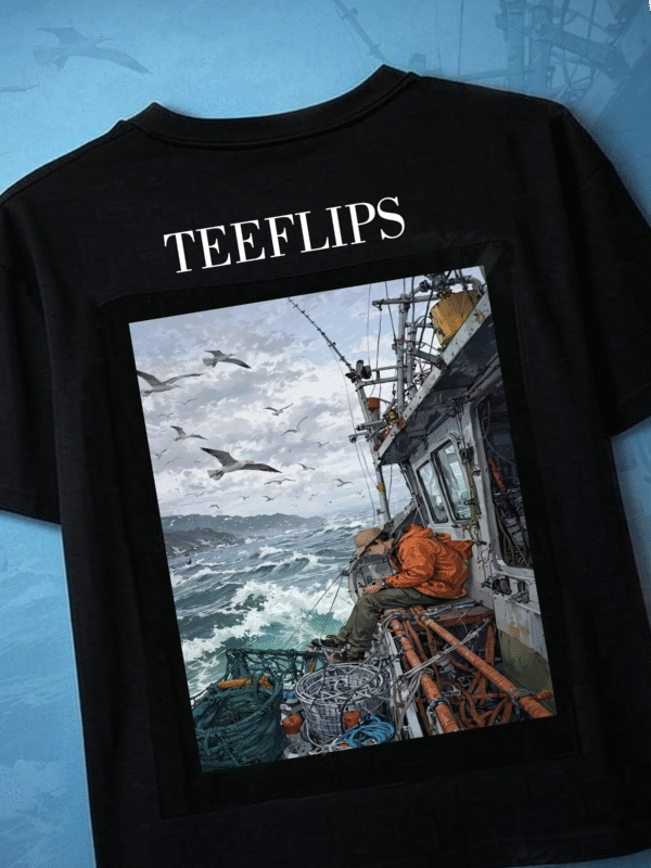 TEELFLIPS Oversized Fishing Black T-Shirt for Men | Ocean Adventure Boat Print Tee 🌊